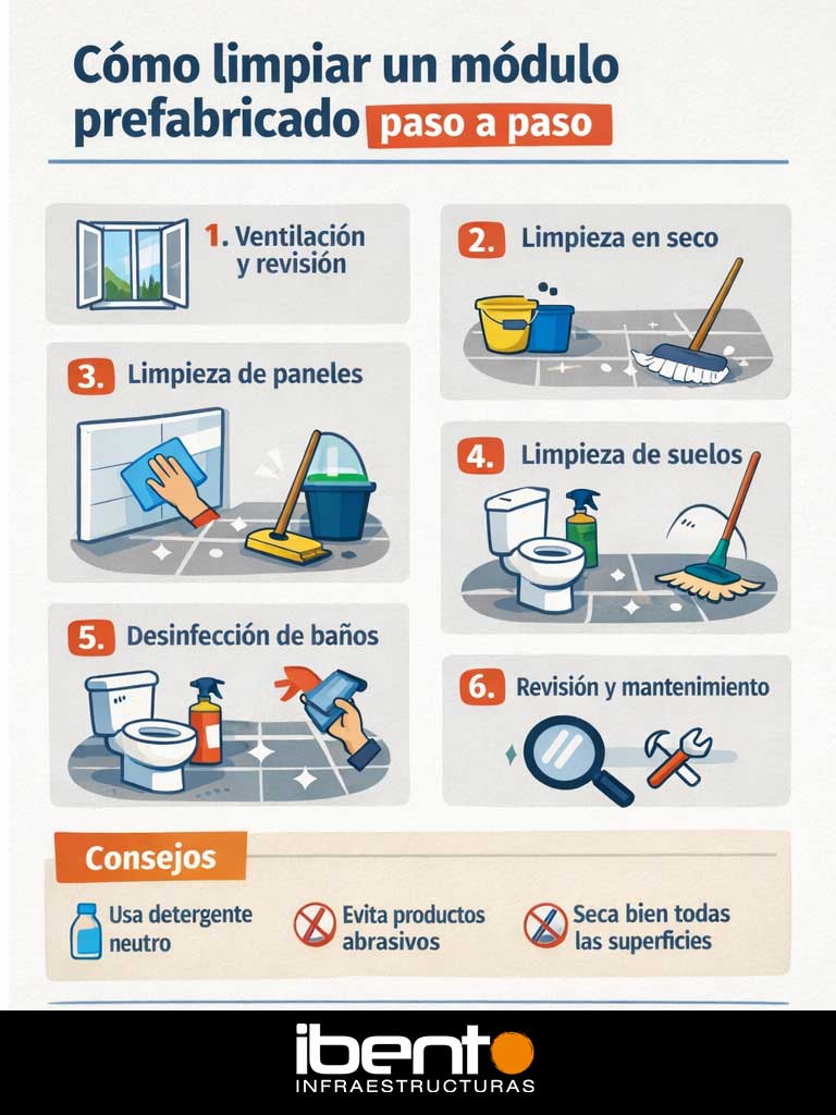 cómo limpiar paso a paso un módulo prefabricado