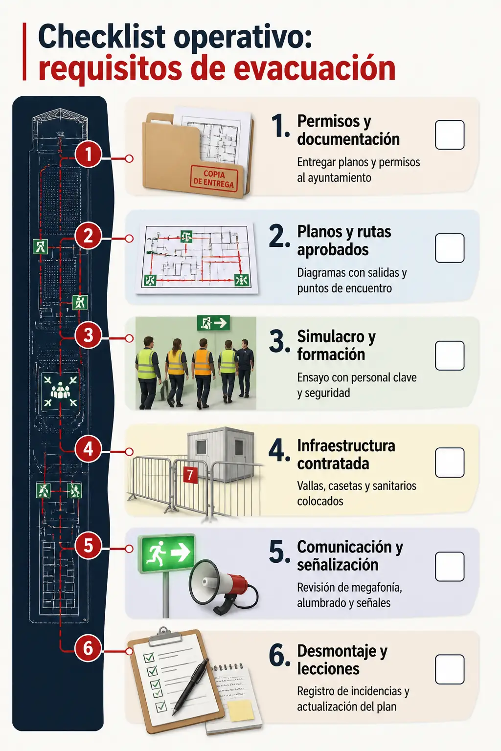Checklist visual con pasos clave para los requisitos de evacuación en eventos: permisos, planos aprobados, simulacros, infraestructura temporal, comunicación y revisión tras el desmontaje.