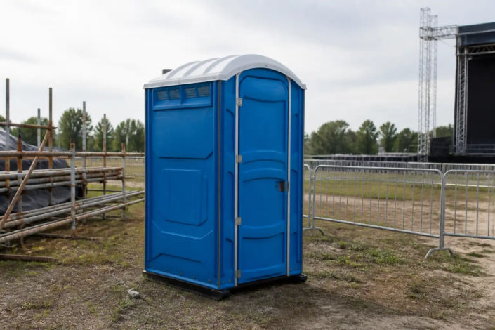 Baño químico portátil colocado en un entorno de obra al aire libre, vista lateral, sin personas.
